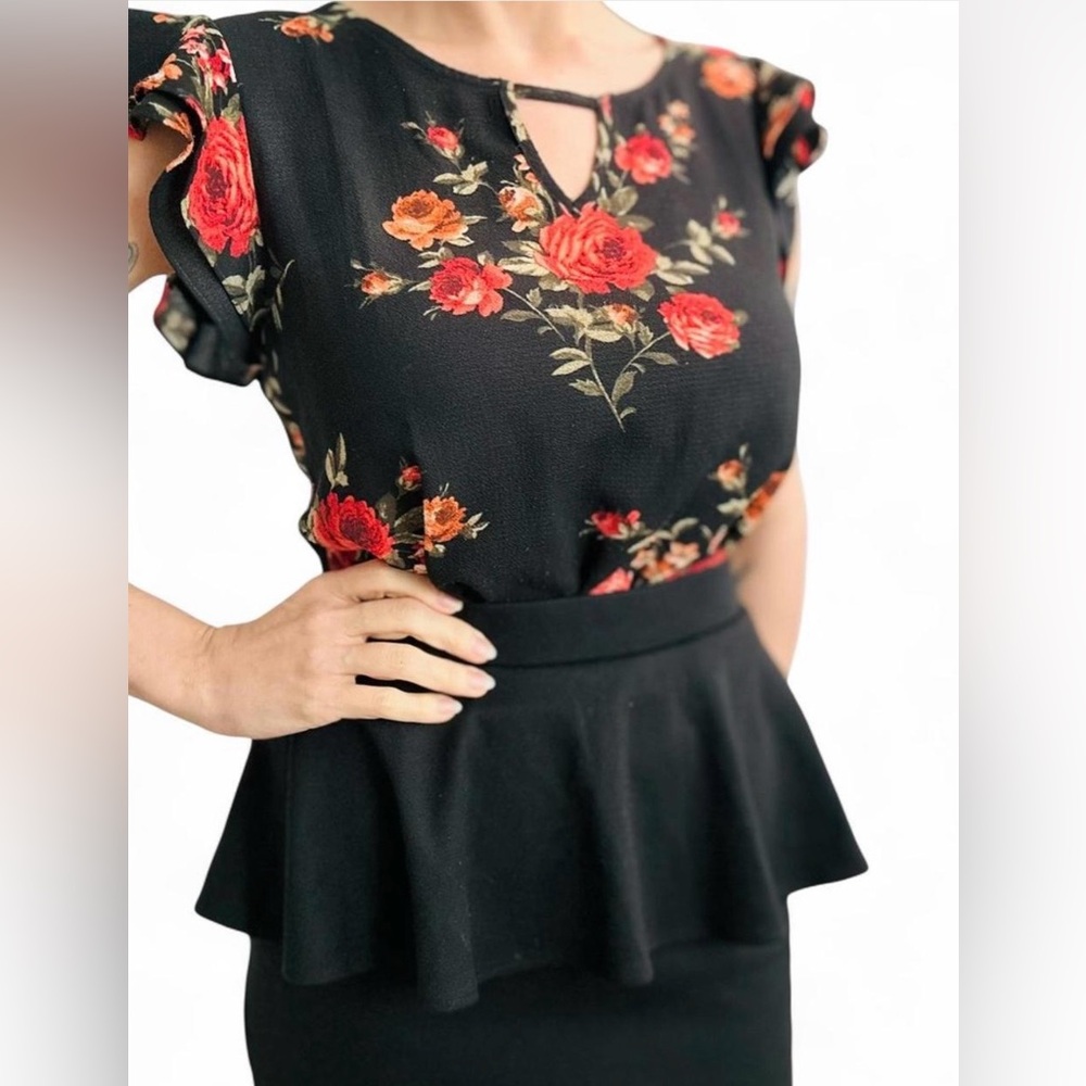 Vintage Inspired Black and Red Floral Blouse With Ruffle Sleeves Keyhole Detail